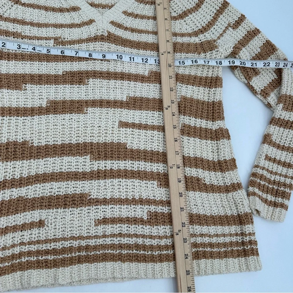 J. Jill Sweater Womens M Striped VNeck Cream Tan Pullover Long Sleeve Classic